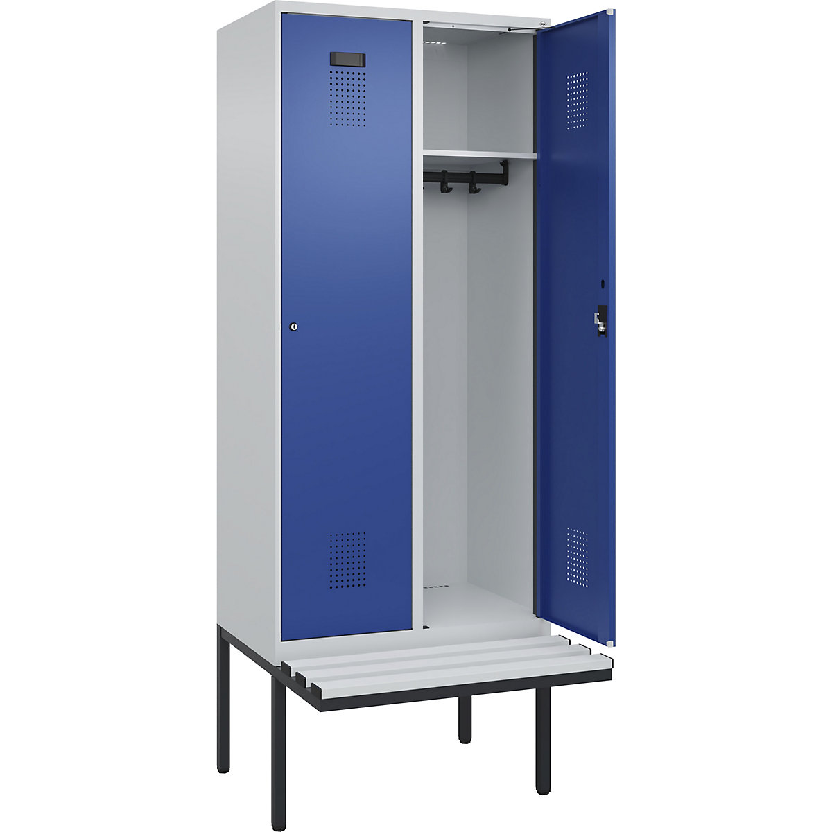 Cacifo Evolo PLUS com banco, 2 compartimentos, cinzento claro/azul genciana, L 800 mm, fechadura de cilindro, com banco saliente, plástico-0