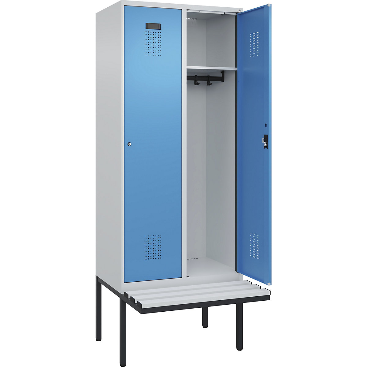 Cacifo Evolo PLUS com banco, 2 compartimentos, cinzento claro/azul claro, L 800 mm, fechadura de cilindro, com banco saliente, plástico-0