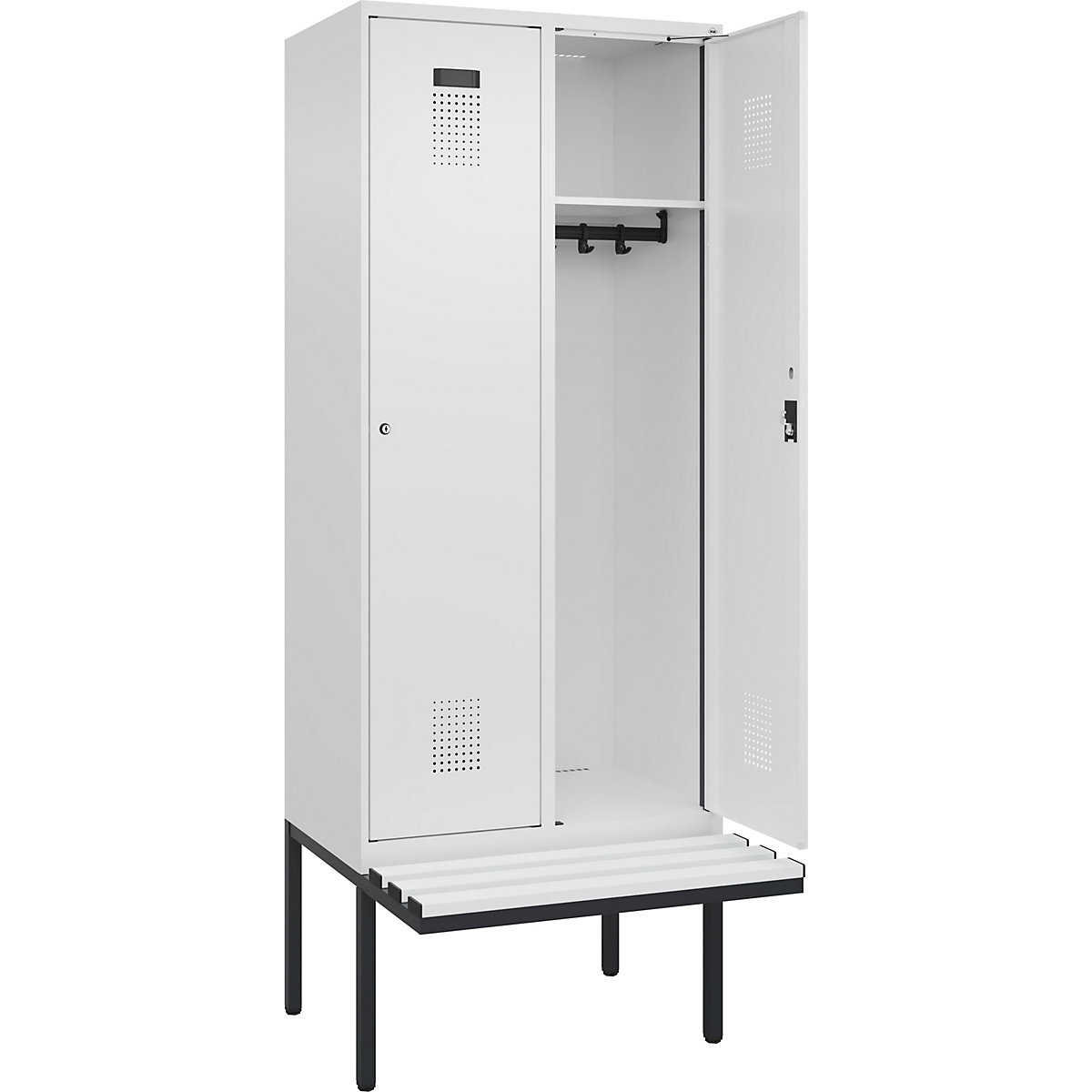 Cacifo Evolo PLUS com banco, 2 compartimentos, branco, L 800 mm, fechadura de cilindro, com banco saliente, plástico-0