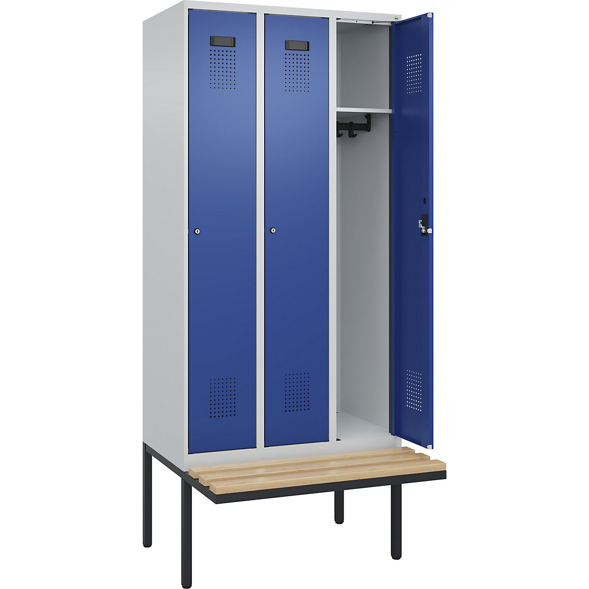 Cacifo Evolo PLUS com banco, 3 compartimentos, cinzento claro/azul genciana, L 900 mm, fechadura de cilindro, com banco saliente, faia-0