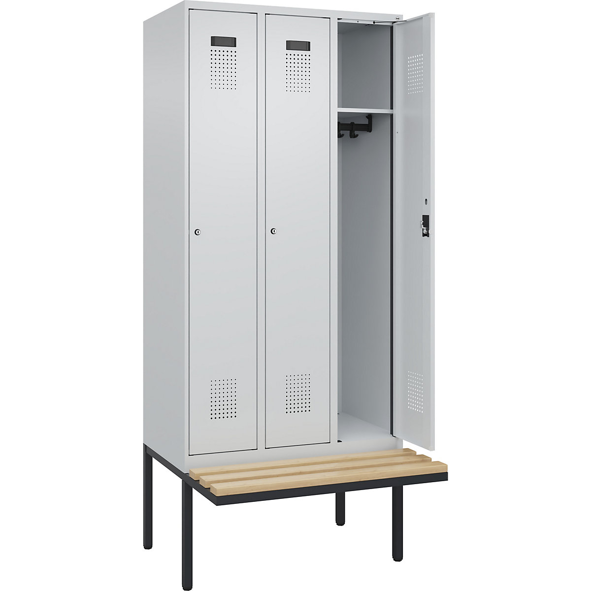 Cacifo Evolo PLUS com banco, 3 compartimentos, cinzento claro/cinzento claro, L 900 mm, fechadura de cilindro, com banco saliente, faia-0