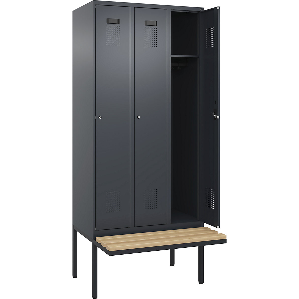 Cacifo Evolo PLUS com banco, 3 compartimentos, cinzento, L 900 mm, fechadura de cilindro, com banco saliente, faia-0