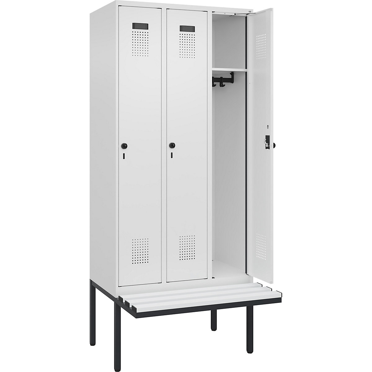 Cacifo Evolo PLUS com banco, 3 compartimentos, branco, L 900 mm, trinco de segurança rotativo, com banco saliente, plástico-0
