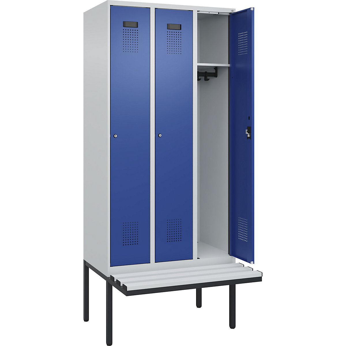 Cacifo Evolo PLUS com banco, 3 compartimentos, cinzento claro/azul genciana, L 900 mm, fechadura de cilindro, com banco saliente, plástico-0