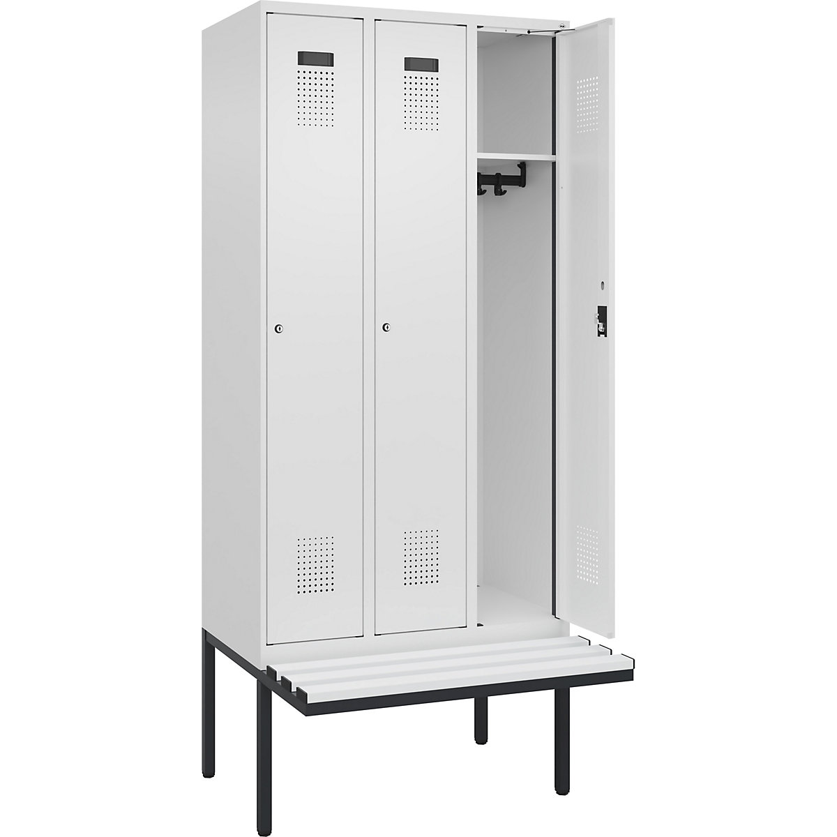 Cacifo Evolo PLUS com banco, 3 compartimentos, branco, L 900 mm, fechadura de cilindro, com banco saliente, plástico-0
