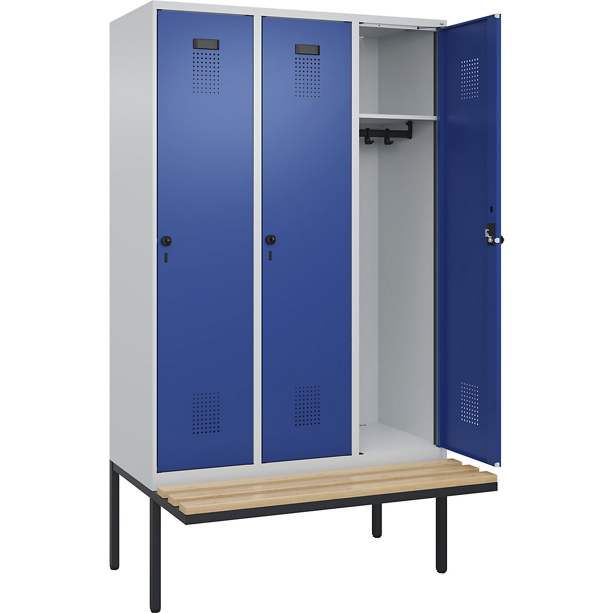 Cacifo Evolo PLUS com banco, 3 compartimentos, cinzento claro/azul genciana, L 1200 mm, trinco de segurança rotativo, com banco saliente, faia-0