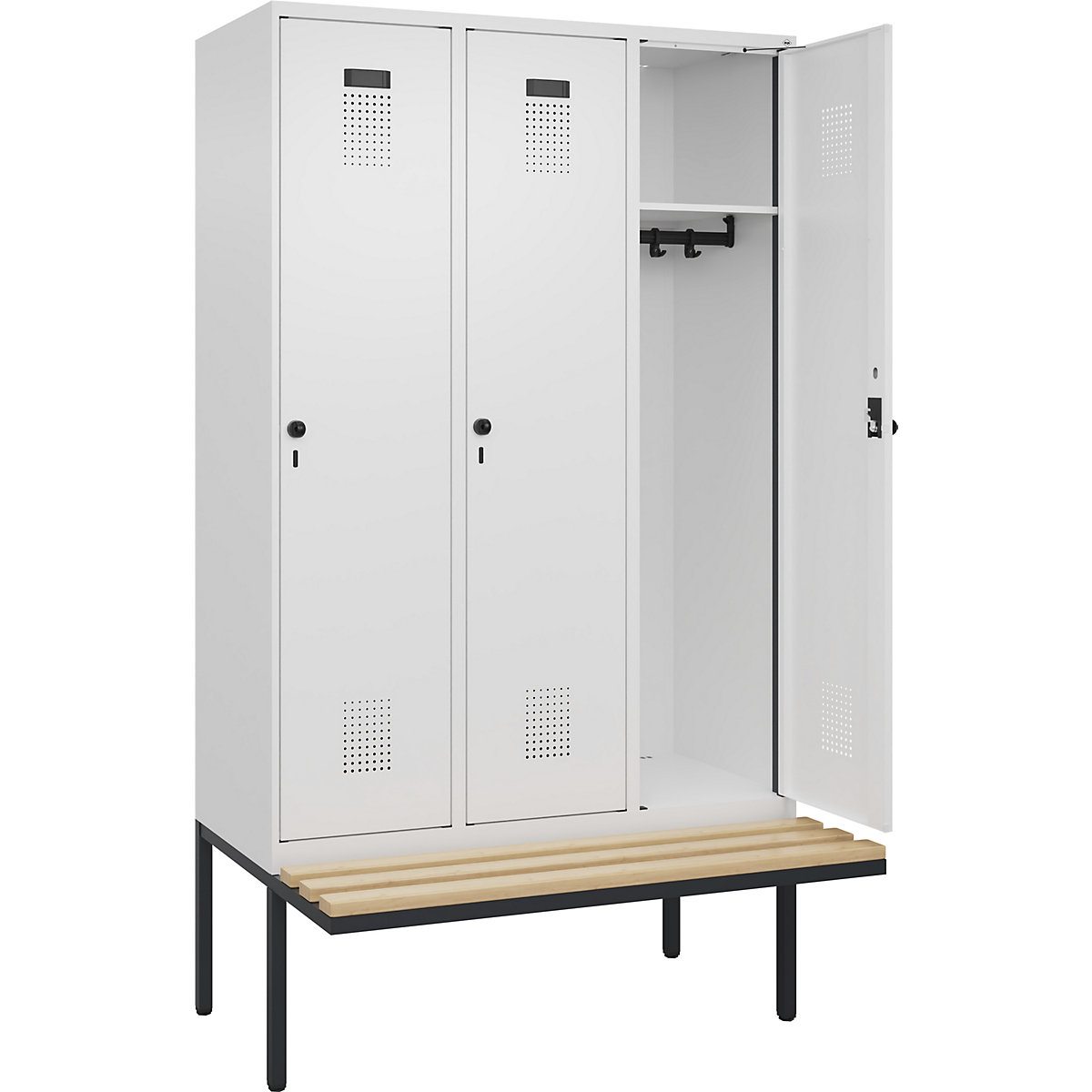 Cacifo Evolo PLUS com banco, 3 compartimentos, branco, L 1200 mm, trinco de segurança rotativo, com banco saliente, faia-0