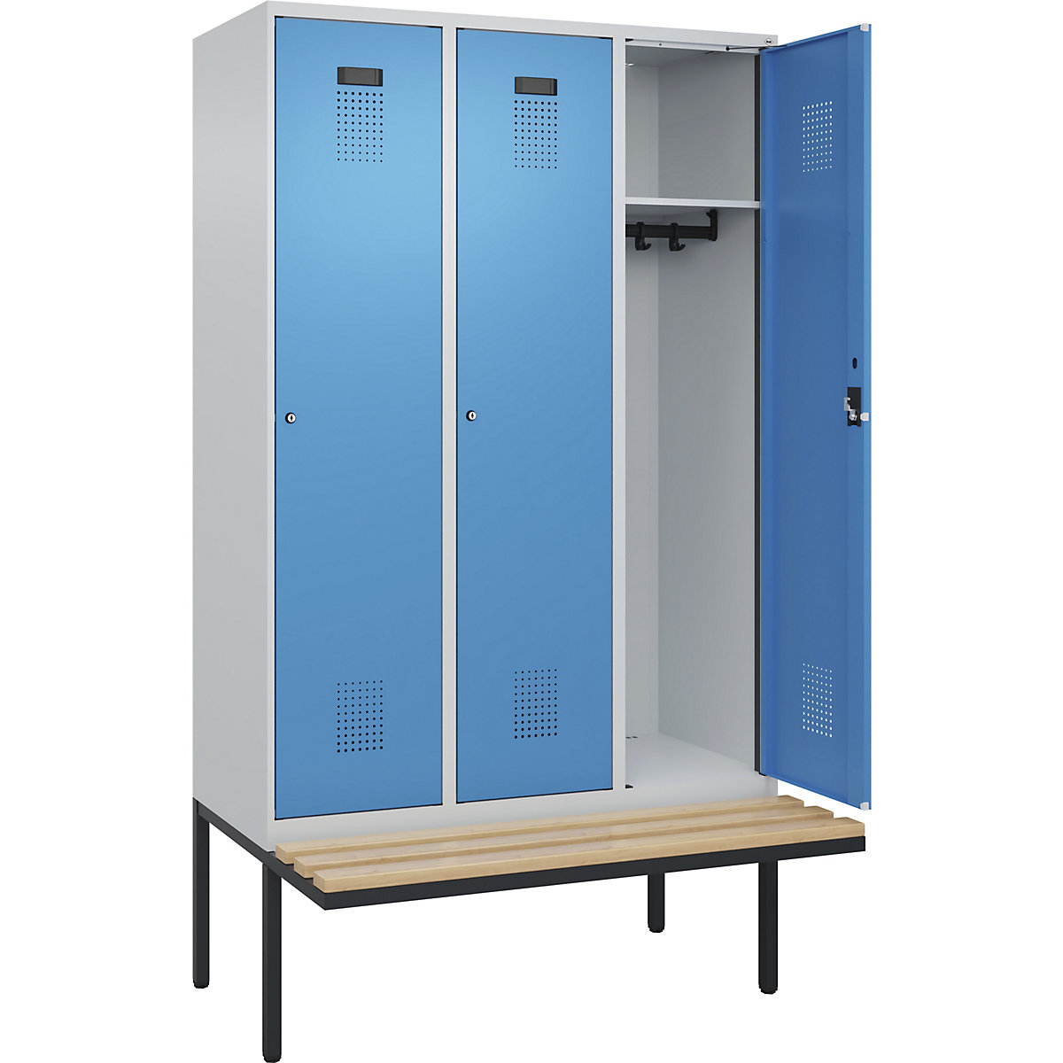 Cacifo Evolo PLUS com banco, 3 compartimentos, cinzento claro/azul claro, L 1200 mm, fechadura de cilindro, com banco saliente, faia-0