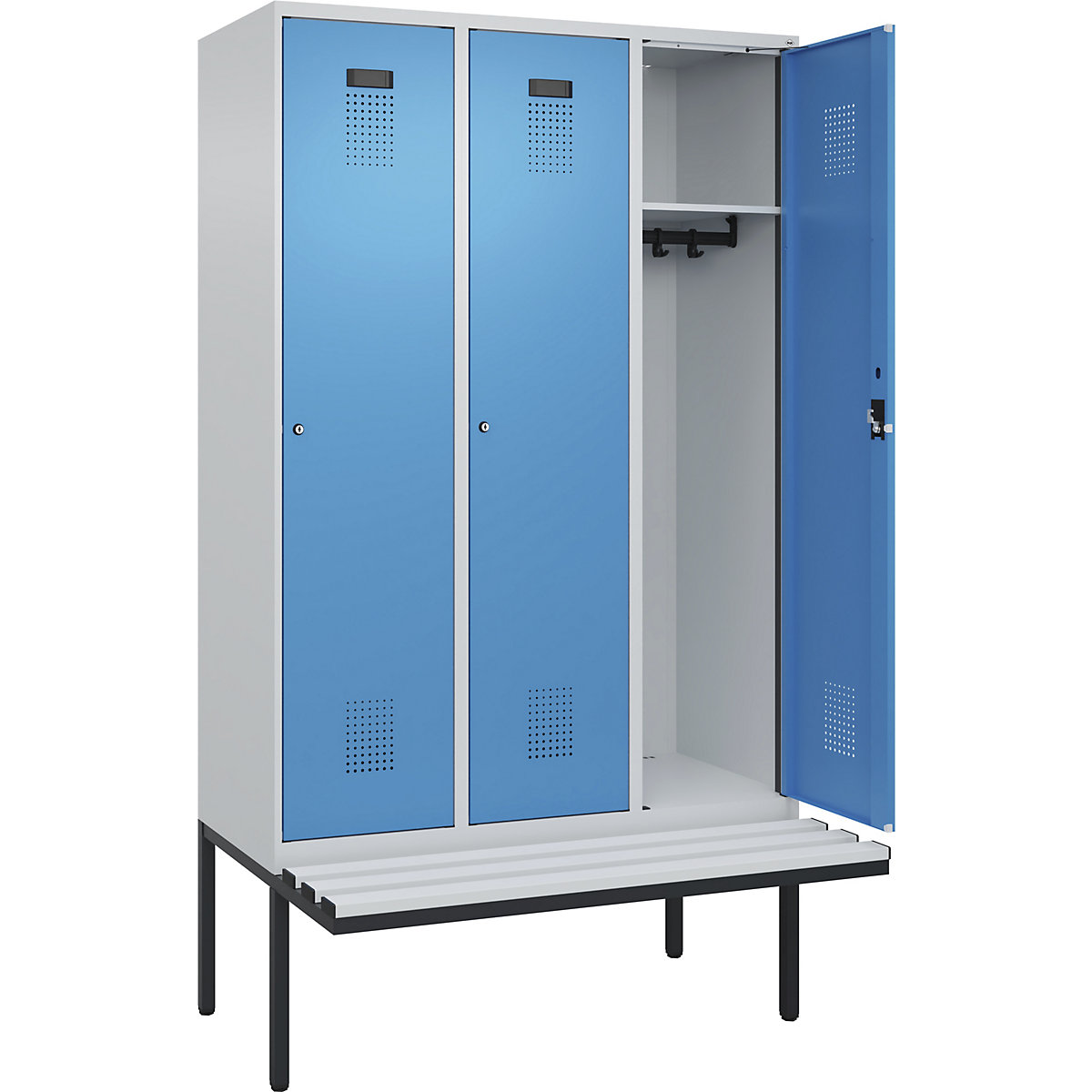 Cacifo Evolo PLUS com banco, 3 compartimentos, cinzento claro/azul claro, L 1200 mm, fechadura de cilindro, com banco saliente, plástico-0