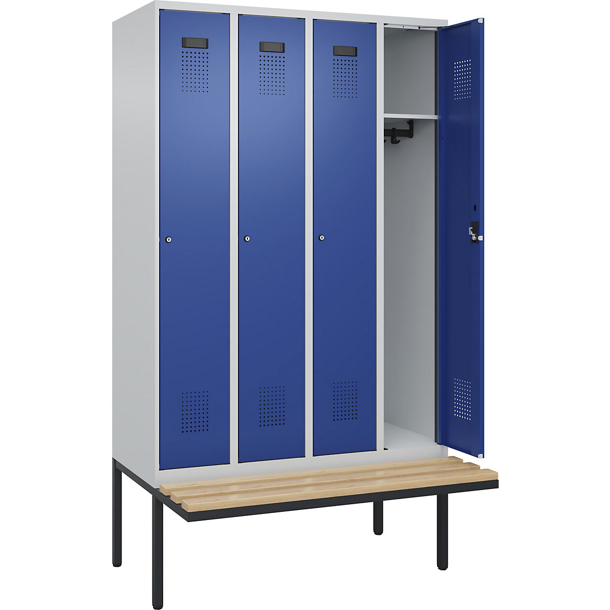 Cacifo Evolo PLUS com banco, 4 compartimentos, cinzento claro/azul genciana, L 1200 mm, fechadura de cilindro, com banco saliente, faia-0