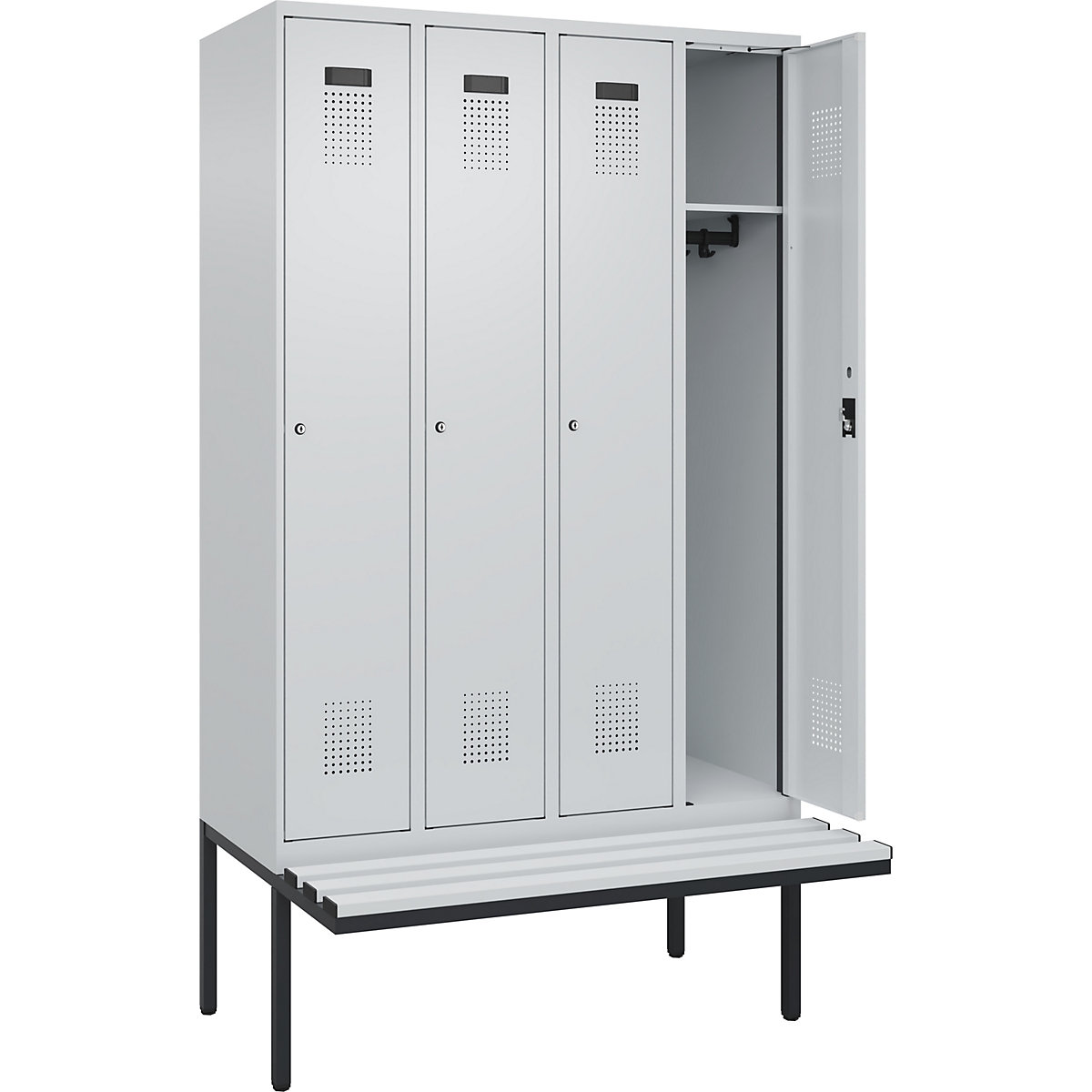 Cacifo Evolo PLUS com banco, 4 compartimentos, cinzento claro/cinzento claro, L 1200 mm, fechadura de cilindro, com banco saliente, plástico-0