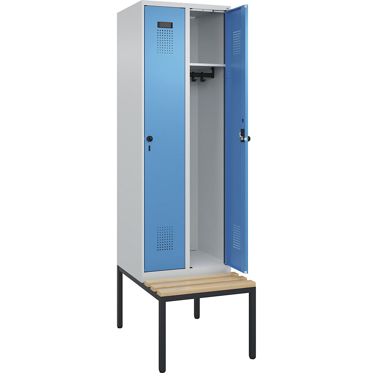 Cacifo Evolo PLUS com banco, 2 compartimentos, cinzento claro/azul claro, L 600 mm, trinco de segurança rotativo, com banco incorporado, faia-0