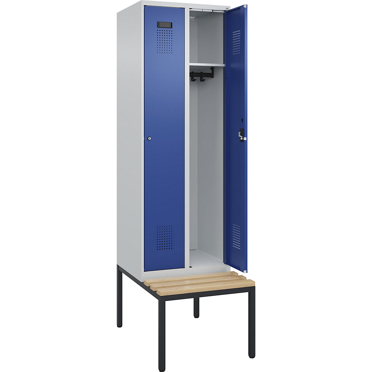 Cacifo Evolo PLUS com banco, 2 compartimentos, cinzento claro/azul genciana, L 600 mm, fechadura de cilindro, com banco incorporado, faia-0