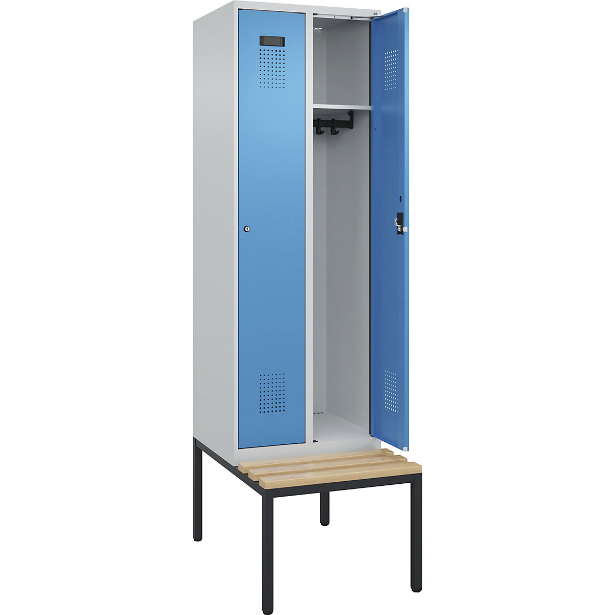 Cacifo Evolo PLUS com banco, 2 compartimentos, cinzento claro/azul claro, L 600 mm, fechadura de cilindro, com banco incorporado, faia-0