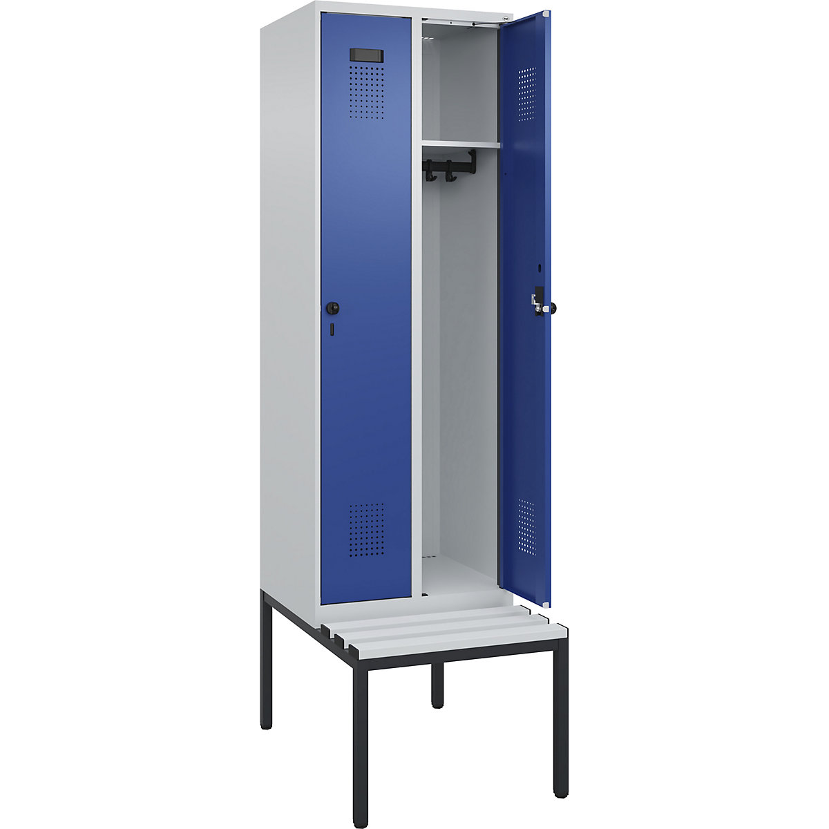 Cacifo Evolo PLUS com banco, 2 compartimentos, cinzento claro/azul genciana, L 600 mm, trinco de segurança rotativo, com banco incorporado, plástico-0
