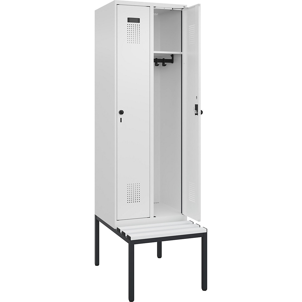 Cacifo Evolo PLUS com banco, 2 compartimentos, branco, L 600 mm, trinco de segurança rotativo, com banco incorporado, plástico-0