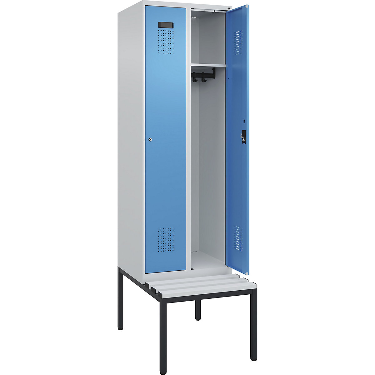 Cacifo Evolo PLUS com banco, 2 compartimentos, cinzento claro/azul claro, L 600 mm, fechadura de cilindro, com banco incorporado, plástico-0