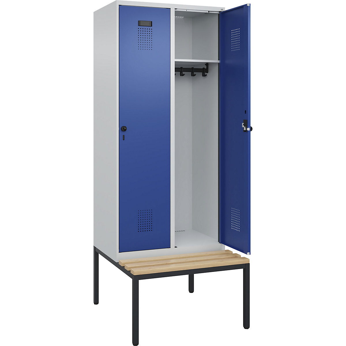 Cacifo Evolo PLUS com banco, 2 compartimentos, cinzento claro/azul genciana, L 800 mm, trinco de segurança rotativo, com banco incorporado, faia-0