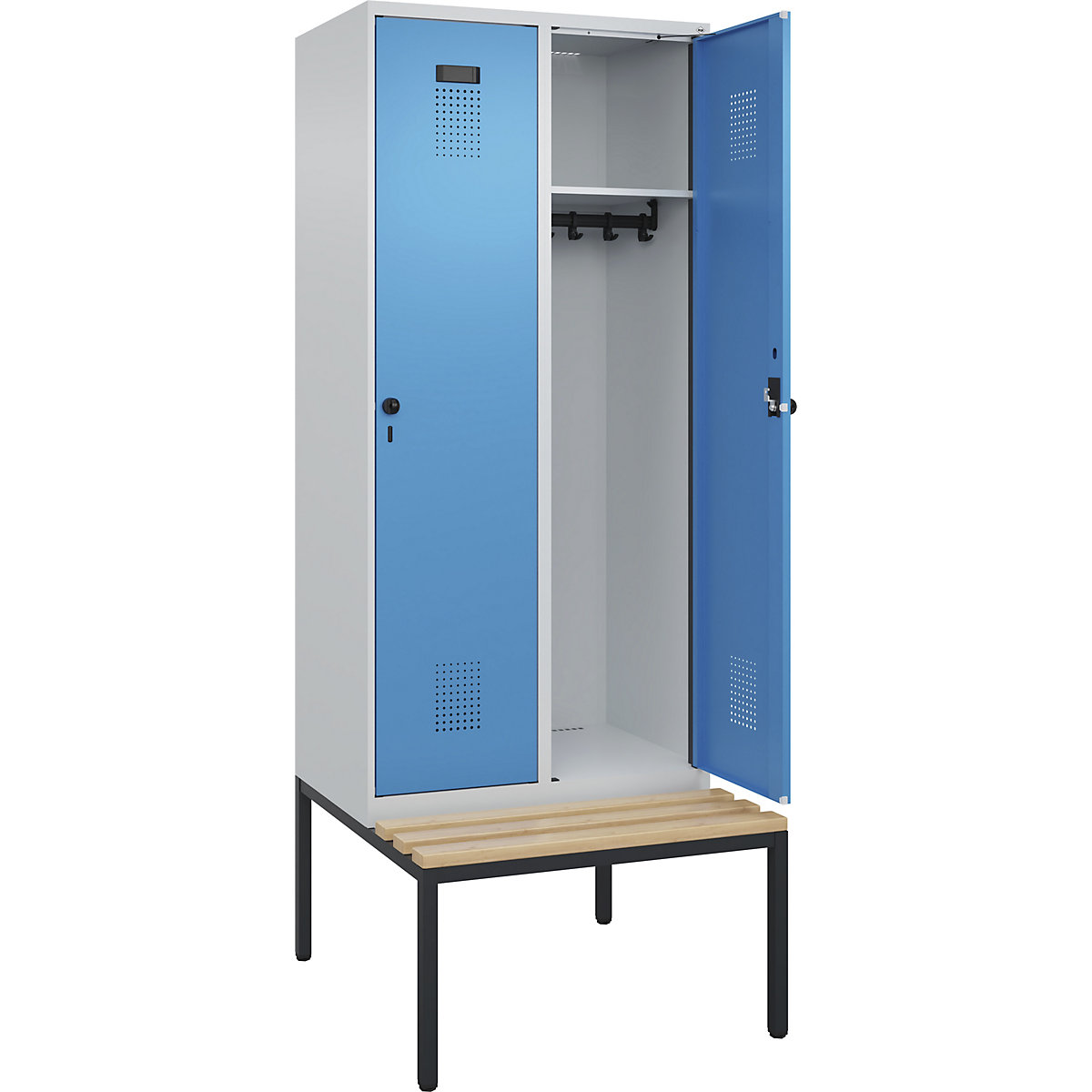Cacifo Evolo PLUS com banco, 2 compartimentos, cinzento claro/azul claro, L 800 mm, trinco de segurança rotativo, com banco incorporado, faia-0