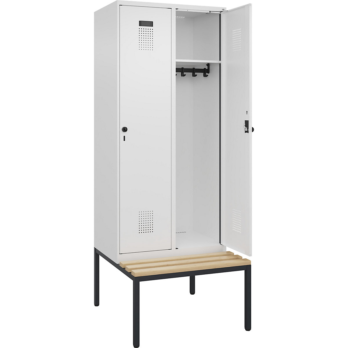 Cacifo Evolo PLUS com banco, 2 compartimentos, branco, L 800 mm, trinco de segurança rotativo, com banco incorporado, faia-0