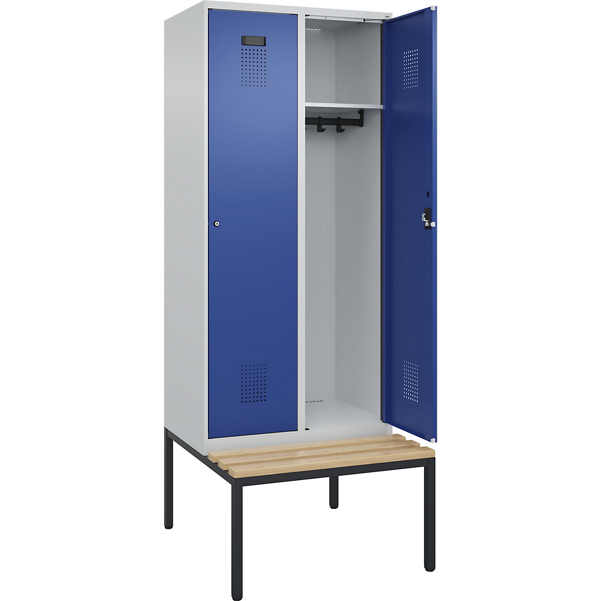 Cacifo Evolo PLUS com banco, 2 compartimentos, cinzento claro/azul genciana, L 800 mm, fechadura de cilindro, com banco incorporado, faia-0