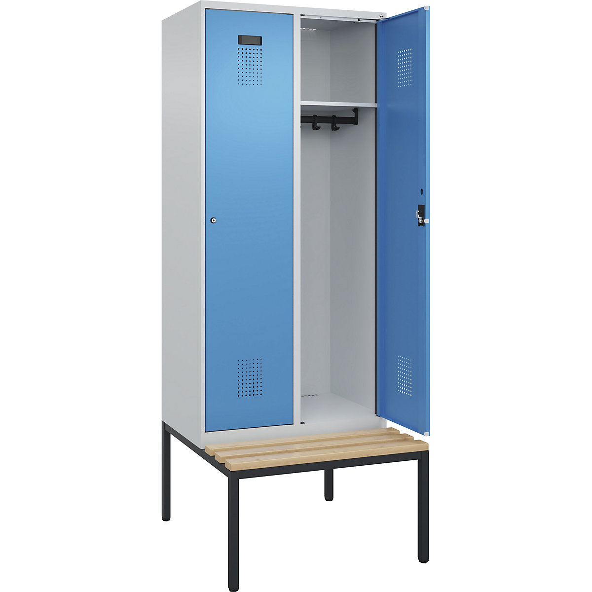 Cacifo Evolo PLUS com banco, 2 compartimentos, cinzento claro/azul claro, L 800 mm, fechadura de cilindro, com banco incorporado, faia-0
