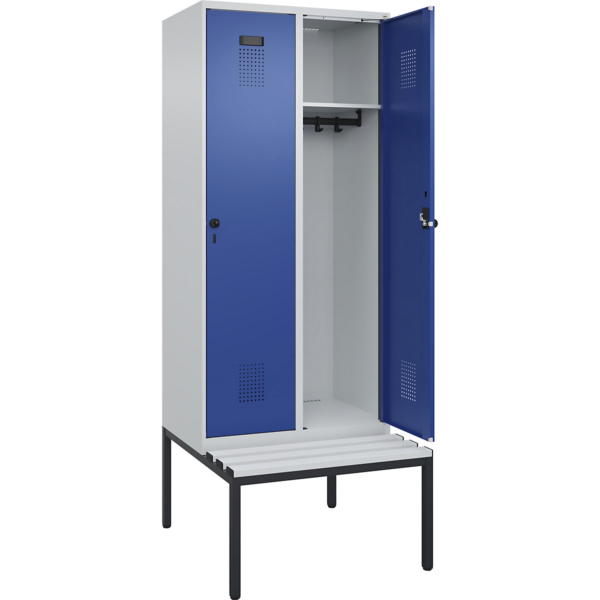 Cacifo Evolo PLUS com banco, 2 compartimentos, cinzento claro/azul genciana, L 800 mm, trinco de segurança rotativo, com banco incorporado, plástico-0