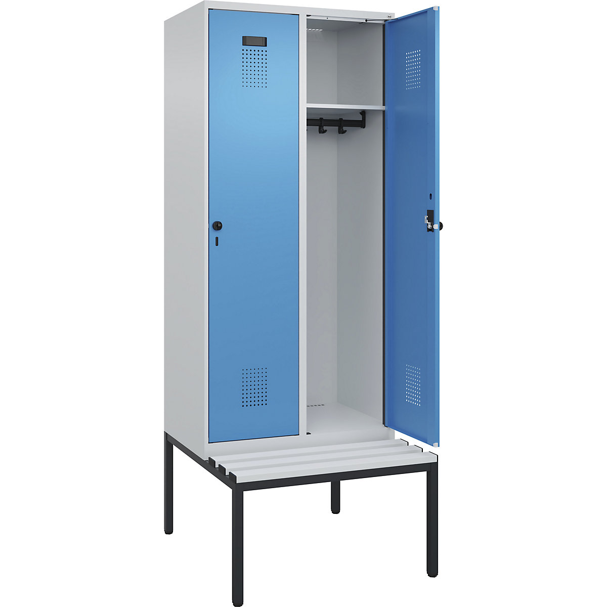 Cacifo Evolo PLUS com banco, 2 compartimentos, cinzento claro/azul claro, L 800 mm, trinco de segurança rotativo, com banco incorporado, plástico-0