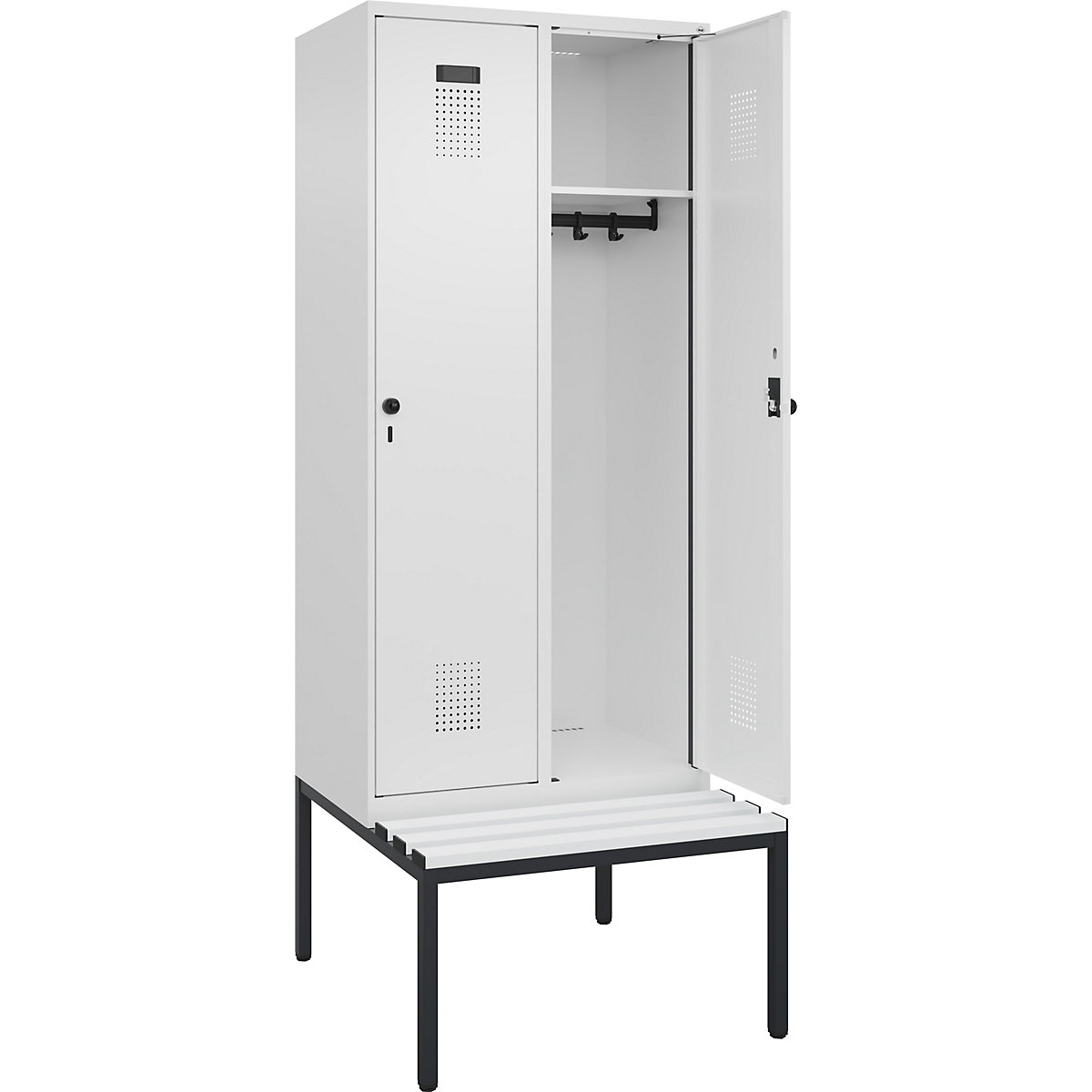 Cacifo Evolo PLUS com banco, 2 compartimentos, branco, L 800 mm, trinco de segurança rotativo, com banco incorporado, plástico-0