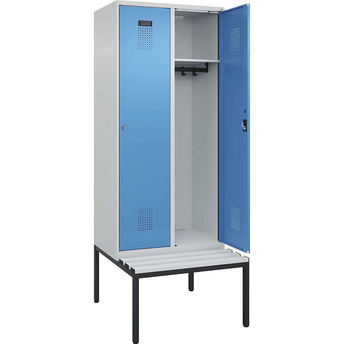 Cacifo Evolo PLUS com banco, 2 compartimentos, cinzento claro/azul claro, L 800 mm, fechadura de cilindro, com banco incorporado, plástico-0