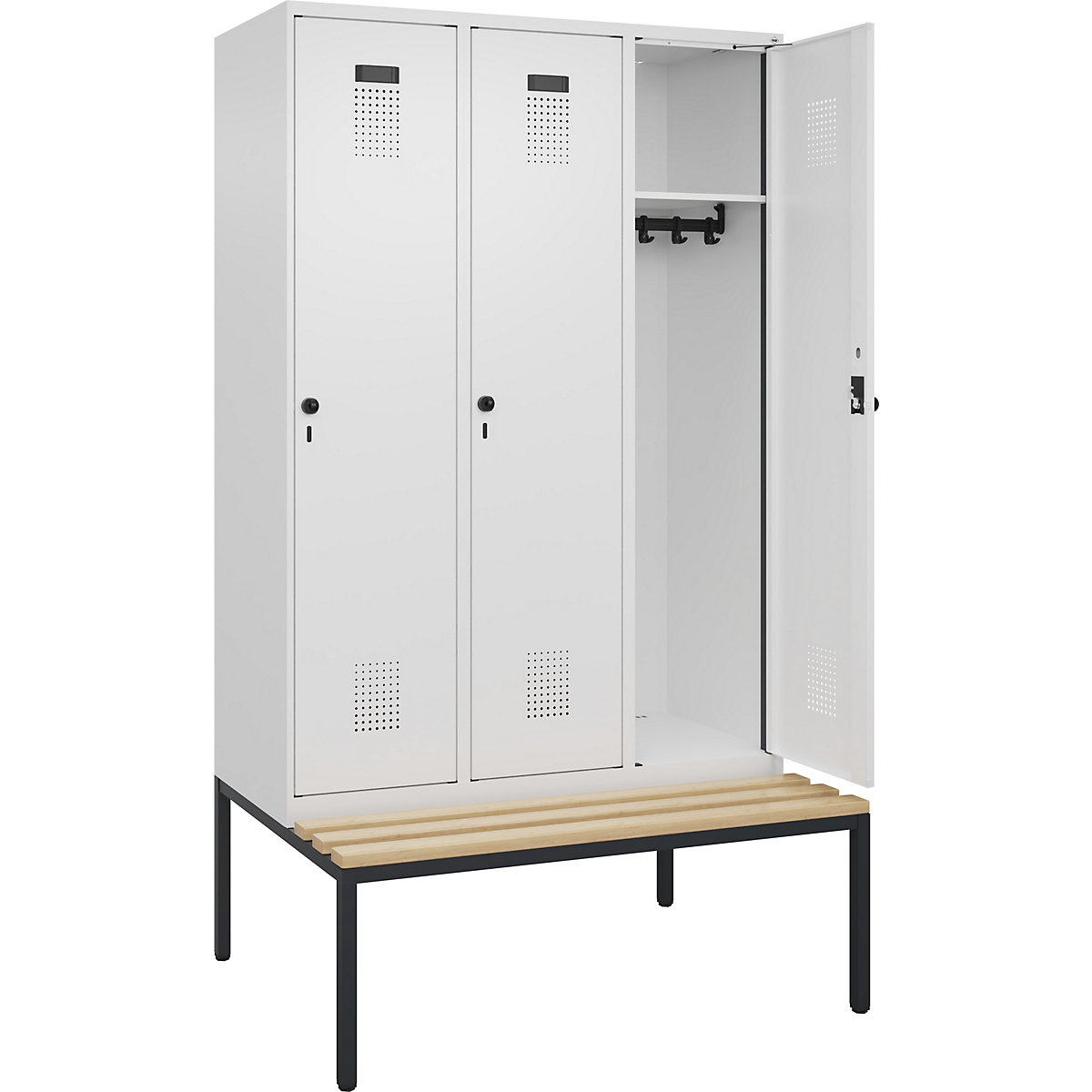 Cacifo Evolo PLUS com banco, 3 compartimentos, branco, L 1200 mm, trinco de segurança rotativo, com banco incorporado, faia-0