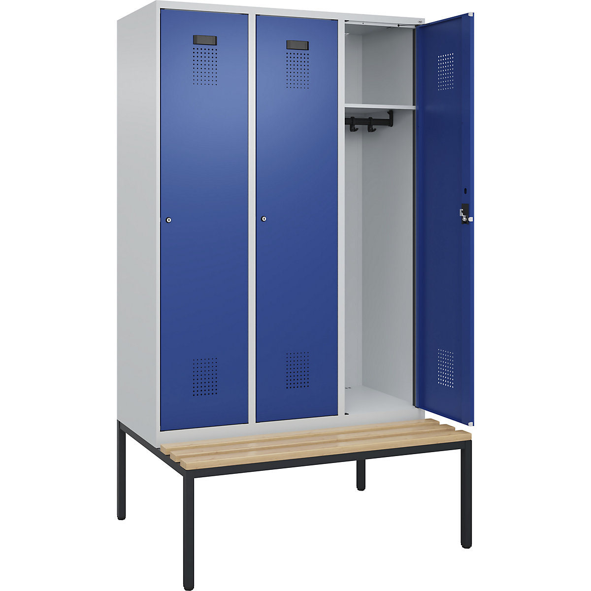 Cacifo Evolo PLUS com banco, 3 compartimentos, cinzento claro/azul genciana, L 1200 mm, fechadura de cilindro, com banco incorporado, faia-0