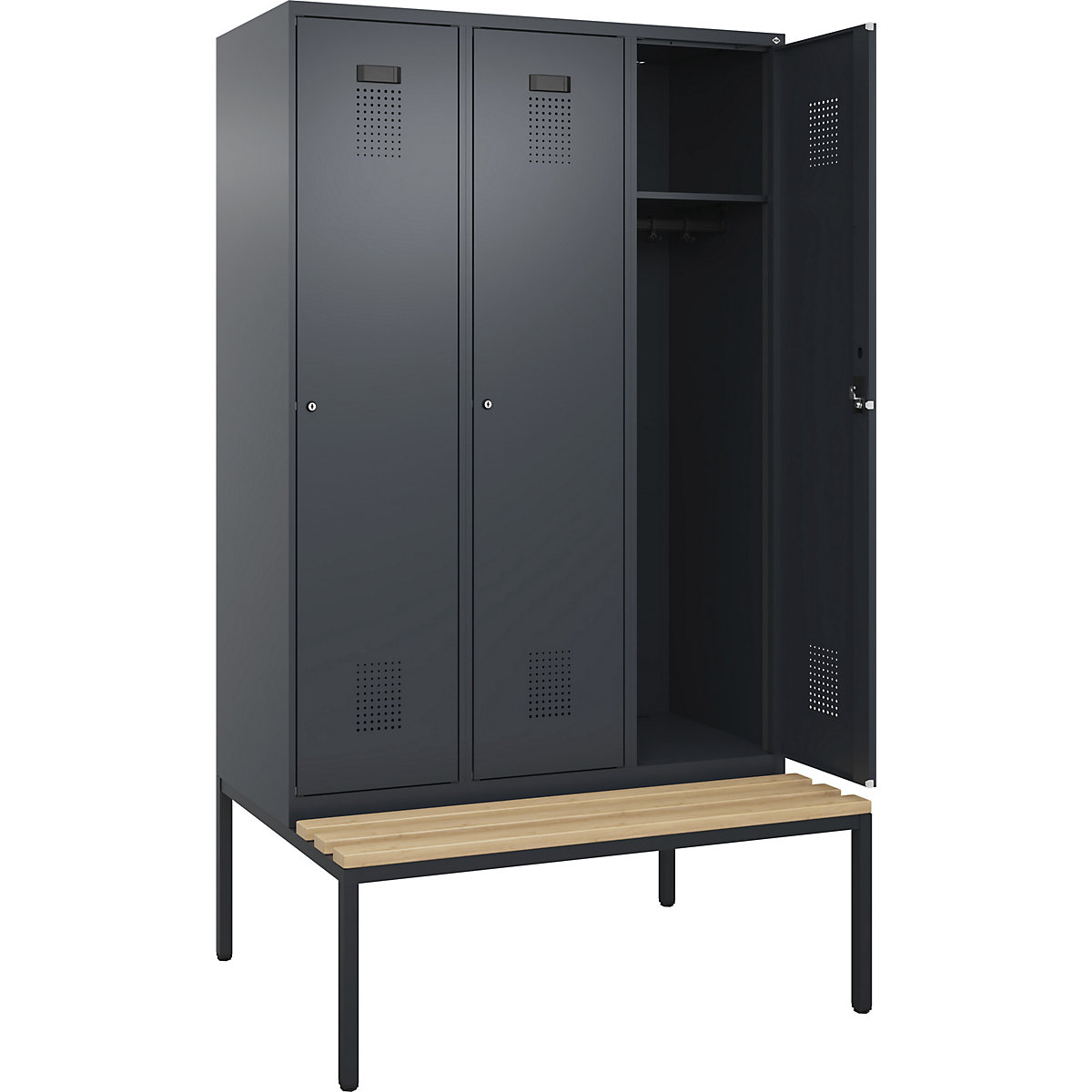 Cacifo Evolo PLUS com banco, 3 compartimentos, cinzento, L 1200 mm, fechadura de cilindro, com banco incorporado, faia-0