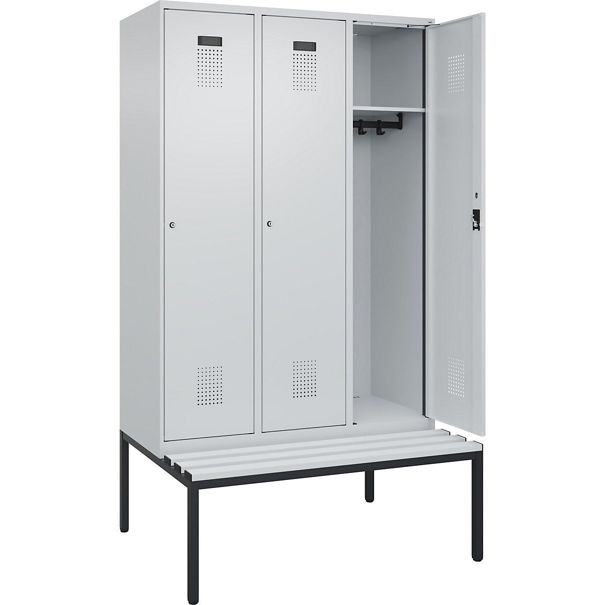 Cacifo Evolo PLUS com banco, 3 compartimentos, cinzento claro/cinzento claro, L 1200 mm, fechadura de cilindro, com banco incorporado, plástico-0