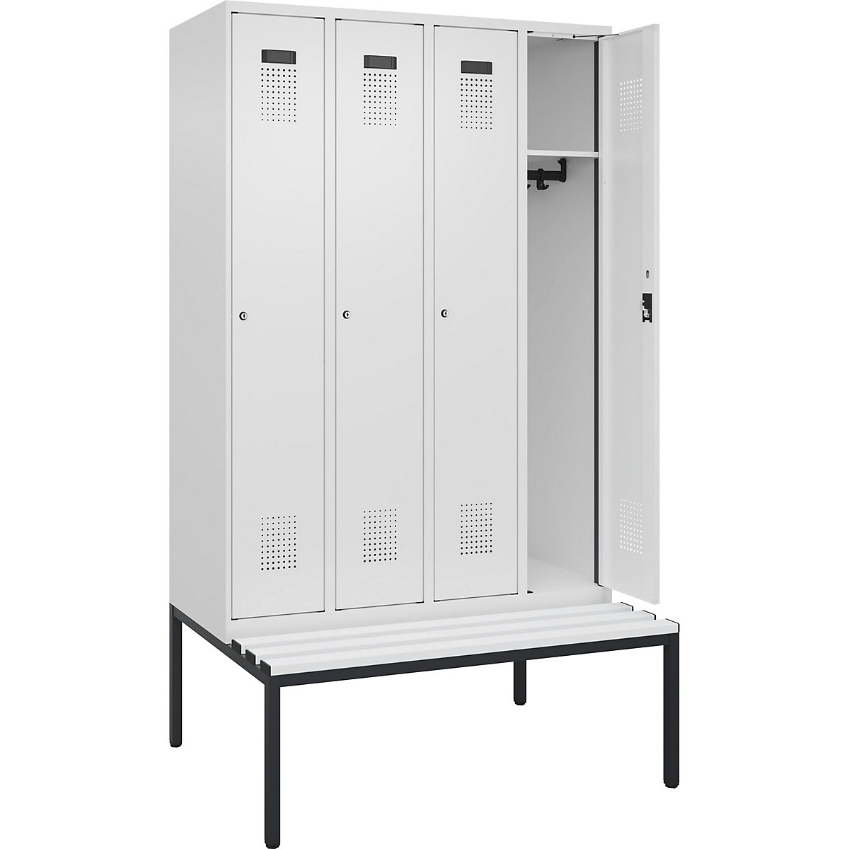 Cacifo Evolo PLUS com banco, 4 compartimentos, branco, L 1200 mm, fechadura de cilindro, com banco incorporado, plástico-0