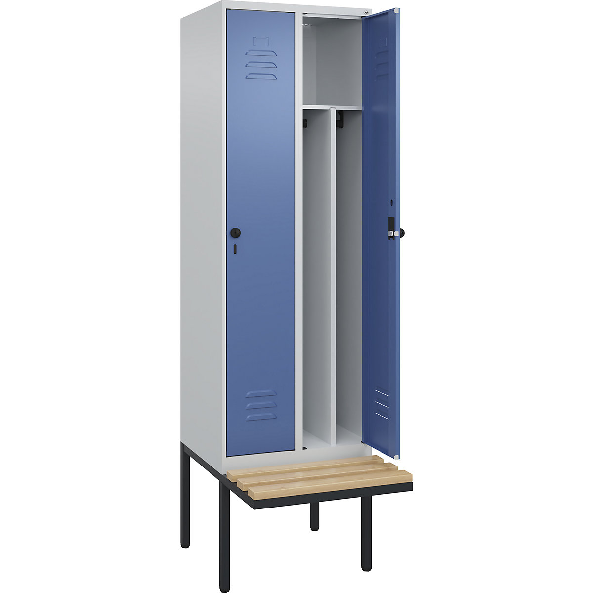 Cacifo com separação de roupa suja/limpa Classic PLUS com banco, estreito – C+P, 2 compartimentos, divisória encurtada, cinzento claro/azul distante, L 600 mm, trinco de segurança rotativo, saliente, madeira dura de faia-0