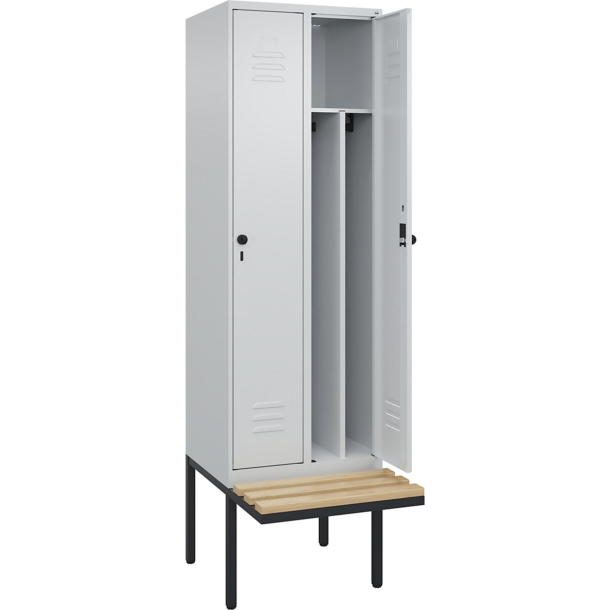 Cacifo com separação de roupa suja/limpa Classic PLUS com banco, estreito – C+P, 2 compartimentos, divisória encurtada, cinzento claro, L 600 mm, trinco de segurança rotativo, saliente, madeira dura de faia-0