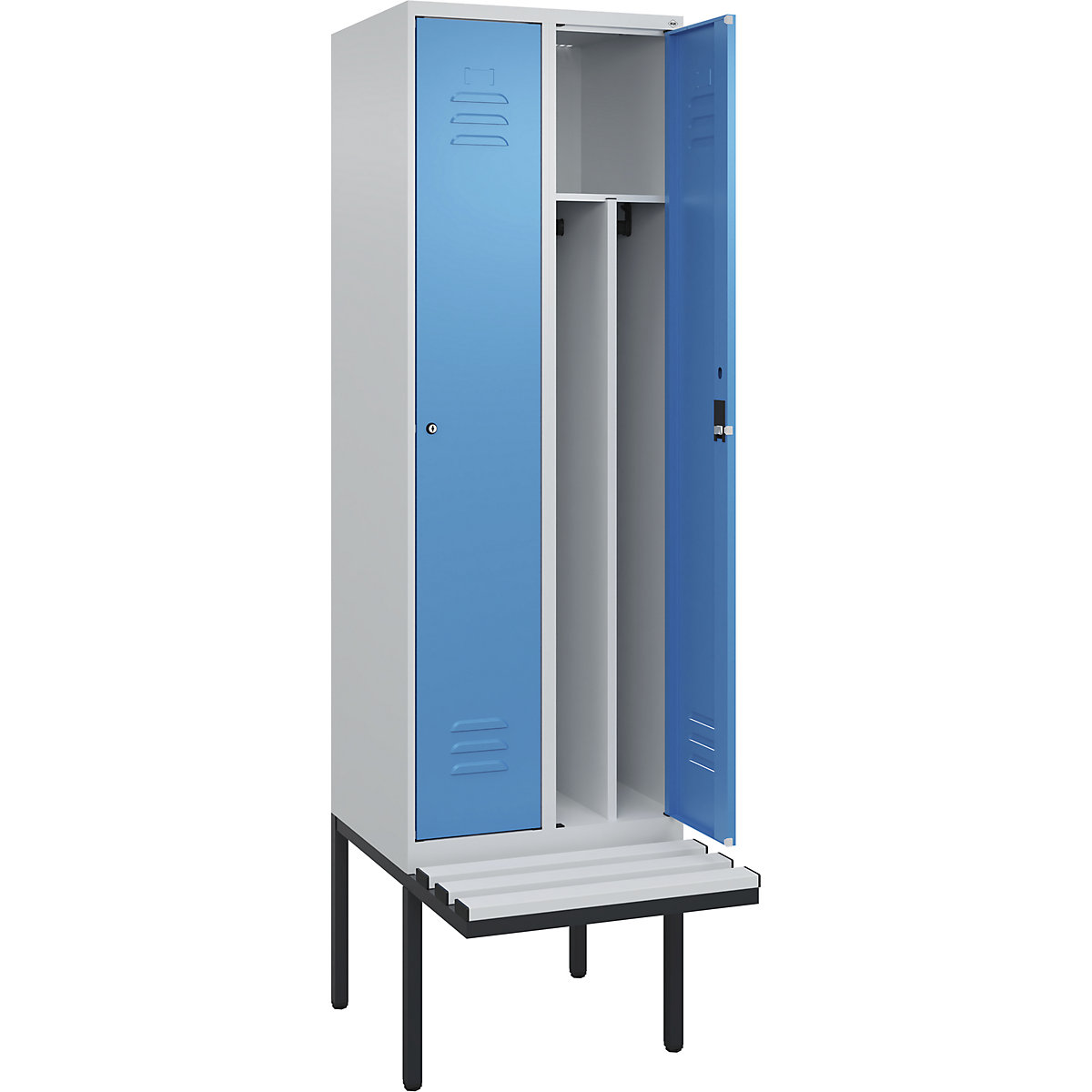 Cacifo com separação de roupa suja/limpa Classic PLUS com banco, estreito – C+P, 2 compartimentos, divisória encurtada, cinzento claro/azul claro, L 600 mm, fechadura de cilindro, saliente, plástico-0