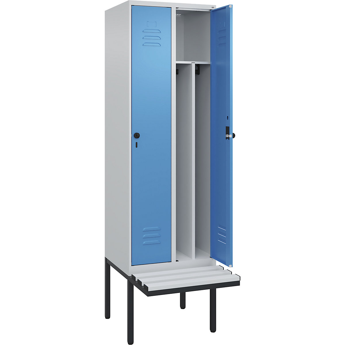Cacifo com separação de roupa suja/limpa Classic PLUS com banco, estreito – C+P, 2 compartimentos, divisória encurtada, cinzento claro/azul claro, L 600 mm, trinco de segurança rotativo, saliente, plástico-0