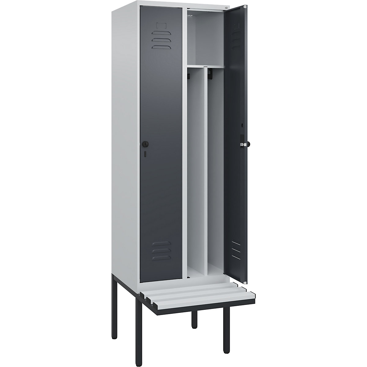 Cacifo com separação de roupa suja/limpa Classic PLUS com banco, estreito – C+P, 2 compartimentos, divisória encurtada, cinzento claro/cinzento, L 600 mm, trinco de segurança rotativo, saliente, plástico-0