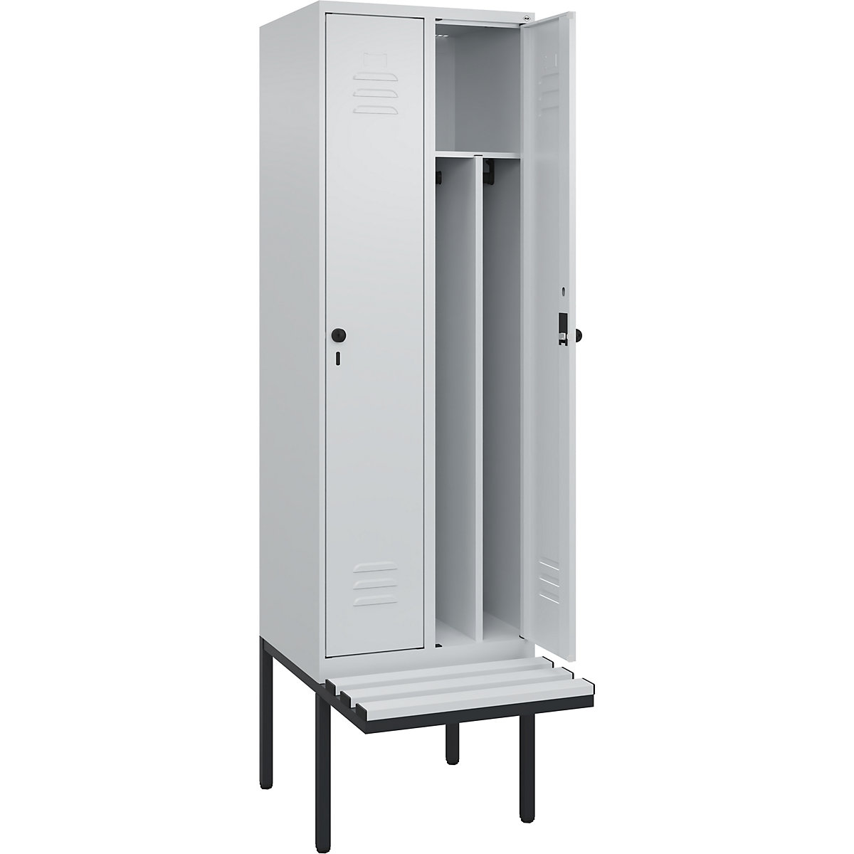 Cacifo com separação de roupa suja/limpa Classic PLUS com banco, estreito – C+P, 2 compartimentos, divisória encurtada, cinzento claro, L 600 mm, trinco de segurança rotativo, saliente, plástico-0