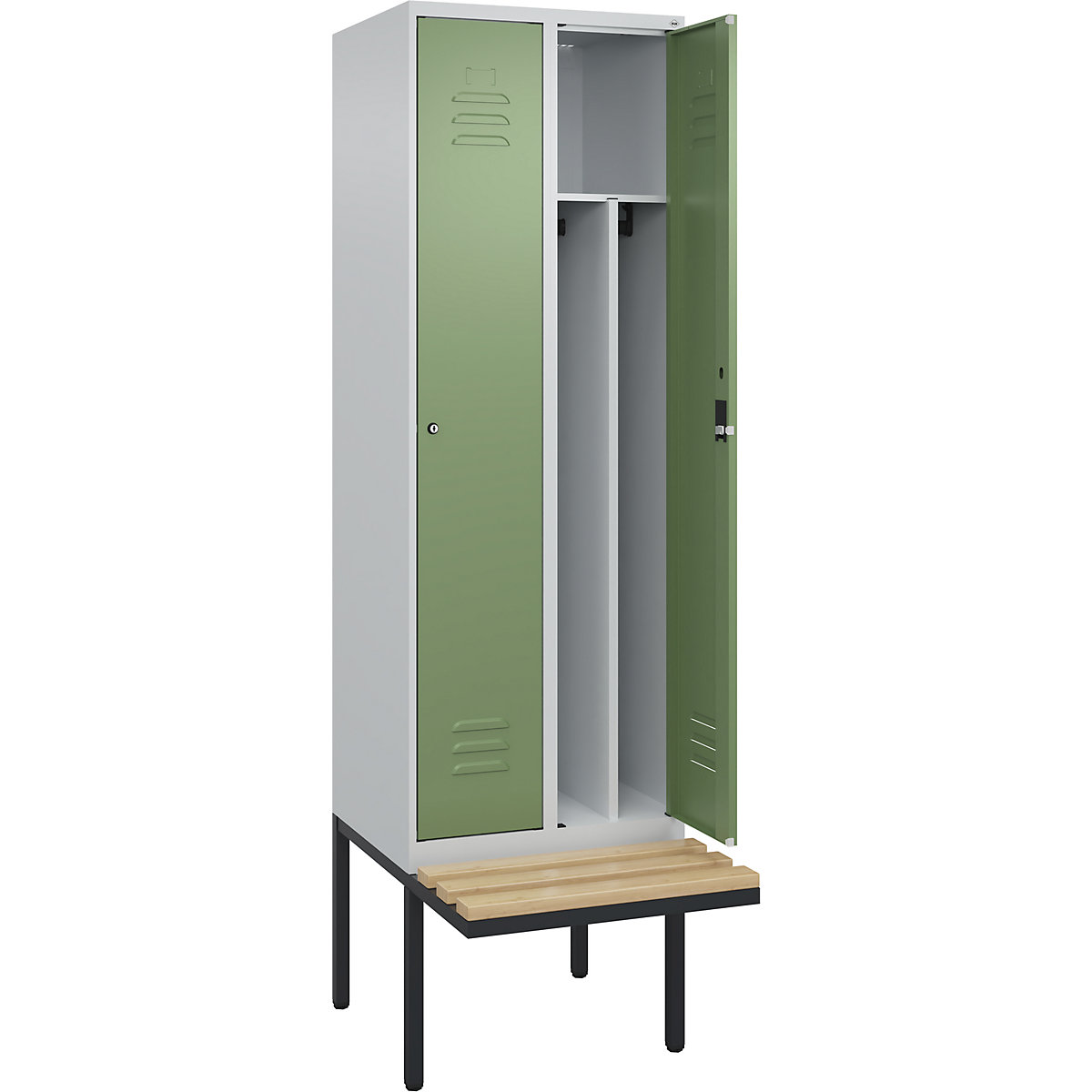 Cacifo com separação de roupa suja/limpa Classic PLUS com banco, estreito – C+P, 2 compartimentos, divisória encurtada, cinzento claro/verde reseda, L 600 mm, fechadura de cilindro, saliente, madeira dura de faia-0