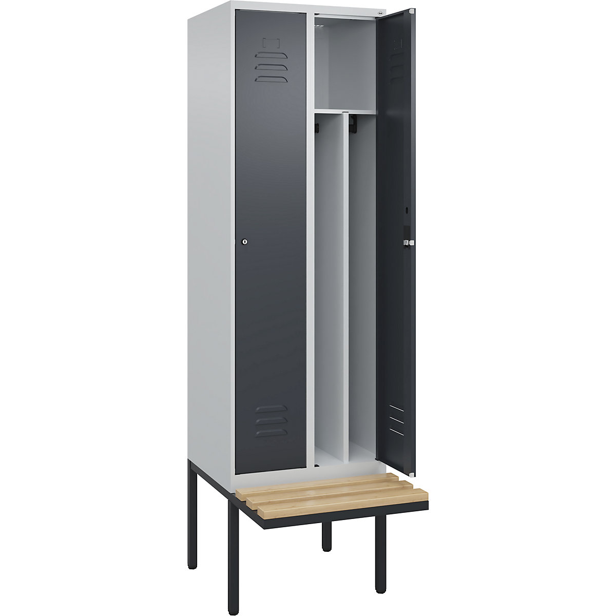 Cacifo com separação de roupa suja/limpa Classic PLUS com banco, estreito – C+P, 2 compartimentos, divisória encurtada, cinzento claro/cinzento, L 600 mm, fechadura de cilindro, saliente, madeira dura de faia-0