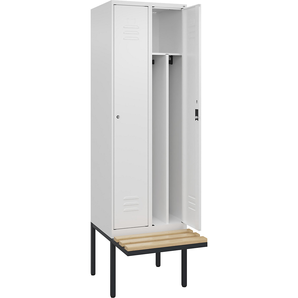 Cacifo com separação de roupa suja/limpa Classic PLUS com banco, estreito – C+P, 2 compartimentos, divisória encurtada, branco trânsito, L 600 mm, fechadura de cilindro, saliente, madeira dura de faia-0