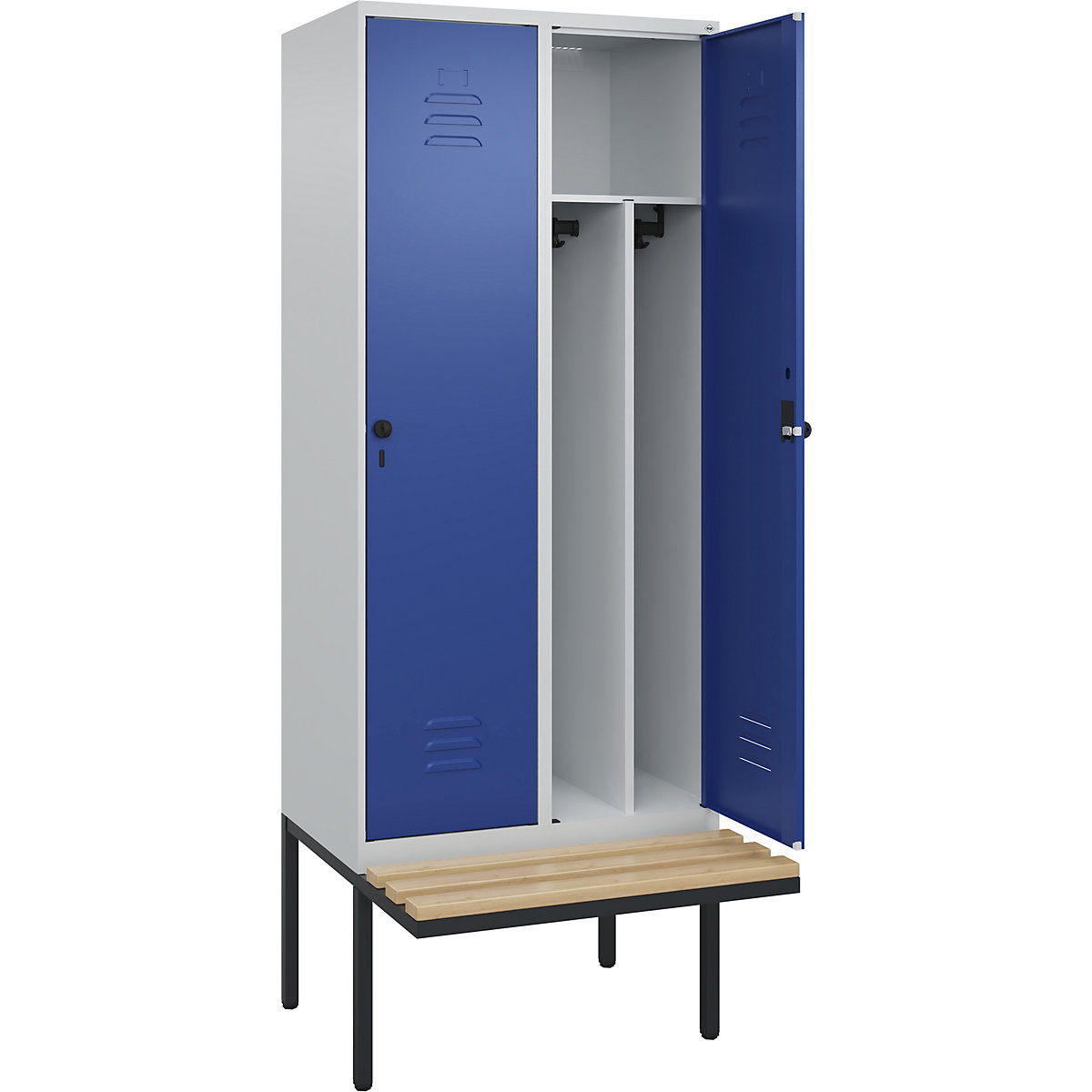 Cacifo com separação de roupa suja/limpa Classic PLUS com banco, estreito – C+P, 2 compartimentos, divisória encurtada, cinzento claro/azul genciana, L 800 mm, trinco de segurança rotativo, saliente, madeira dura de faia-0