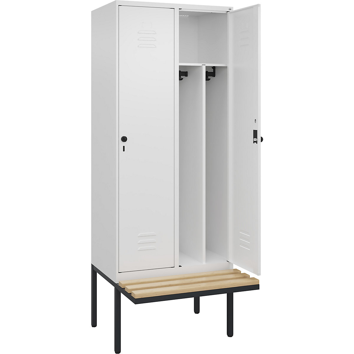 Cacifo com separação de roupa suja/limpa Classic PLUS com banco, estreito – C+P, 2 compartimentos, divisória encurtada, branco trânsito, L 800 mm, trinco de segurança rotativo, saliente, madeira dura de faia-0