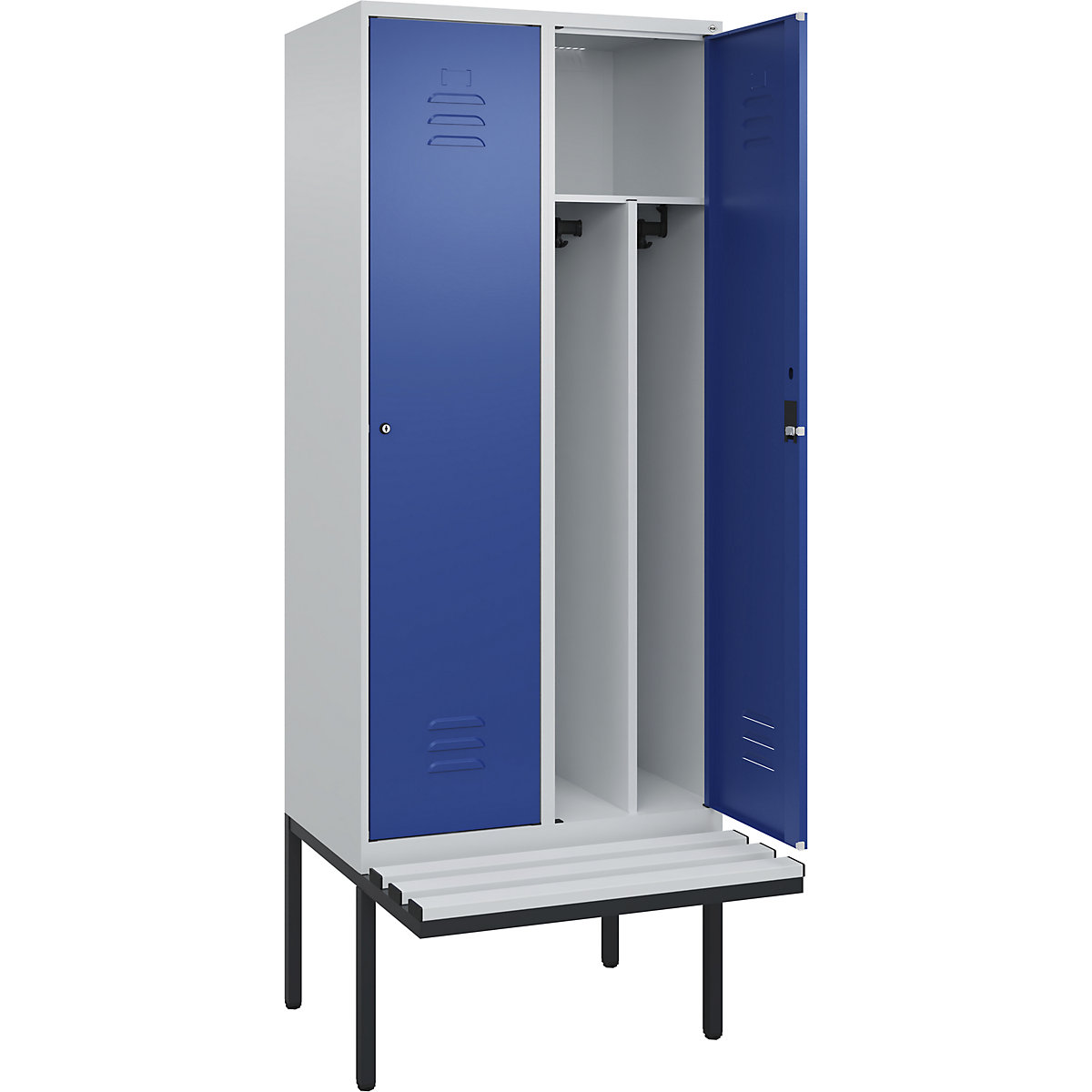 Cacifo com separação de roupa suja/limpa Classic PLUS com banco, estreito – C+P, 2 compartimentos, divisória encurtada, cinzento claro/azul genciana, L 800 mm, fechadura de cilindro, saliente, plástico-0