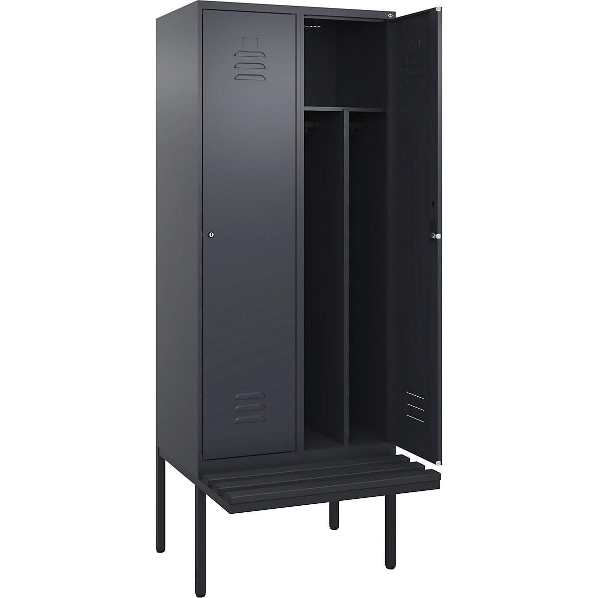 Cacifo com separação de roupa suja/limpa Classic PLUS com banco, estreito – C+P, 2 compartimentos, divisória encurtada, cinzento, L 800 mm, fechadura de cilindro, saliente, plástico-0