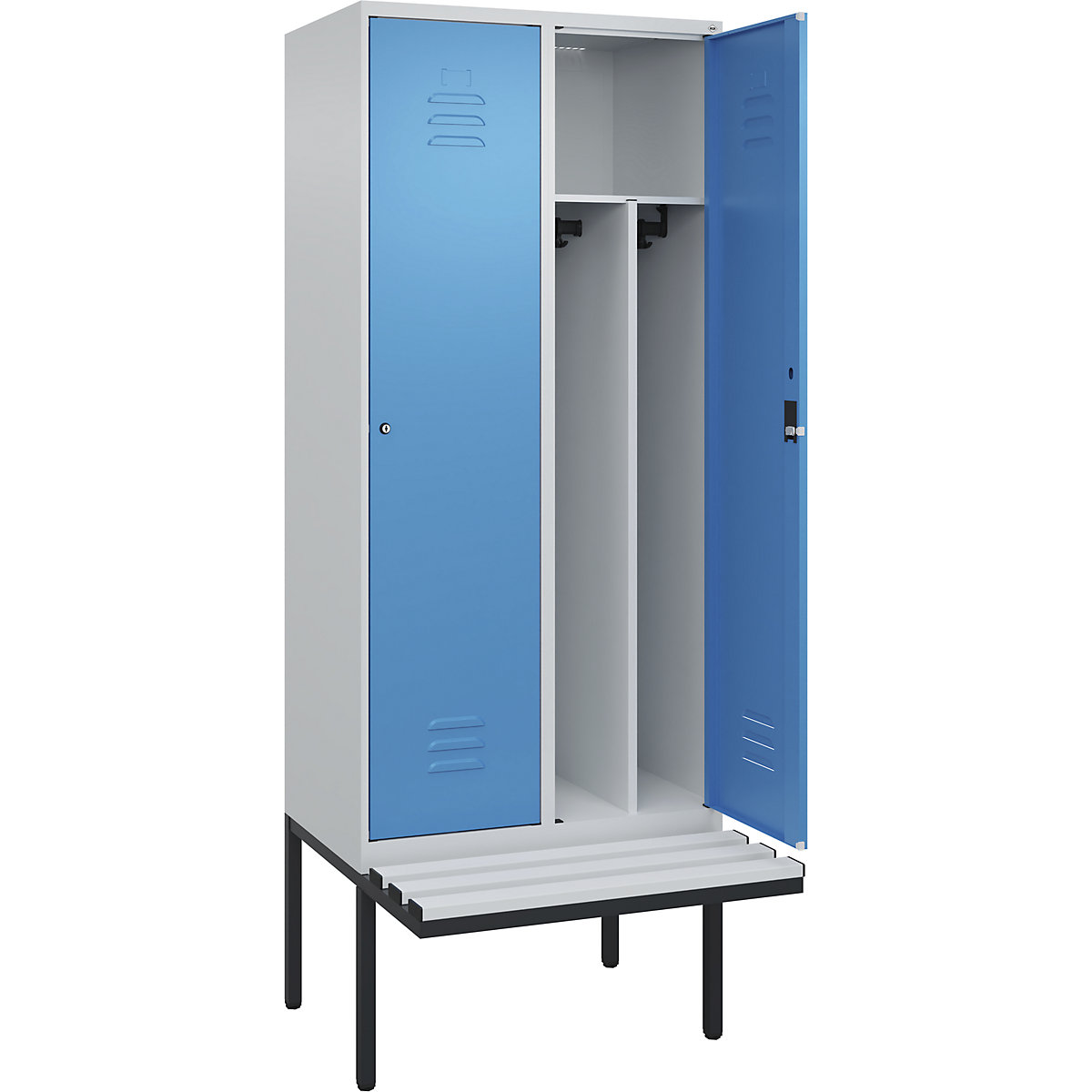 Cacifo com separação de roupa suja/limpa Classic PLUS com banco, estreito – C+P, 2 compartimentos, divisória encurtada, cinzento claro/azul claro, L 800 mm, fechadura de cilindro, saliente, plástico-0