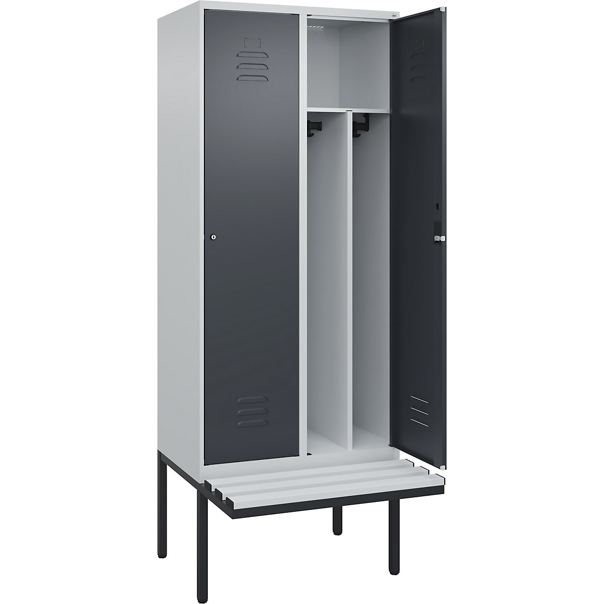 Cacifo com separação de roupa suja/limpa Classic PLUS com banco, estreito – C+P, 2 compartimentos, divisória encurtada, cinzento claro/cinzento, L 800 mm, fechadura de cilindro, saliente, plástico-0